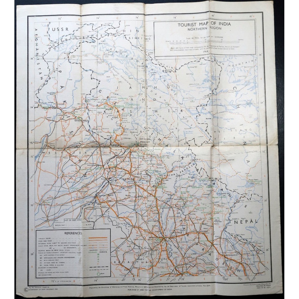 India Tourist Road Map Of Northern Region 1964